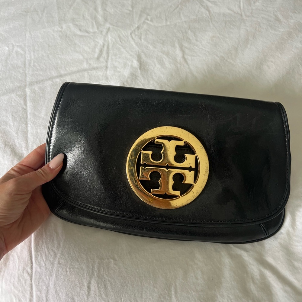 Tory Burch Reva Black Leather Clutch with Gold Chain